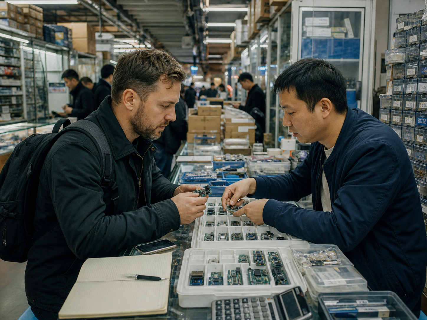 Shenzhen electronics market counter with components and founder visit